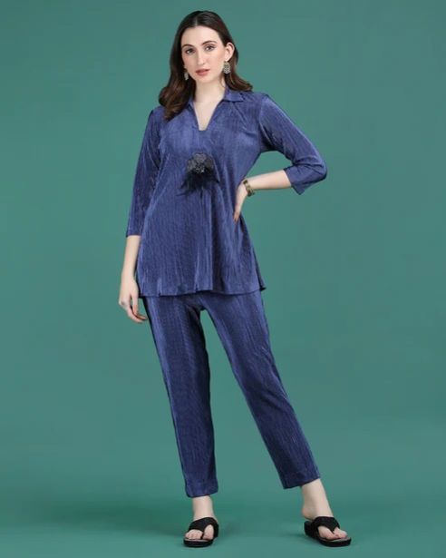 Women Blue Crepe Wrinkled Coord Set