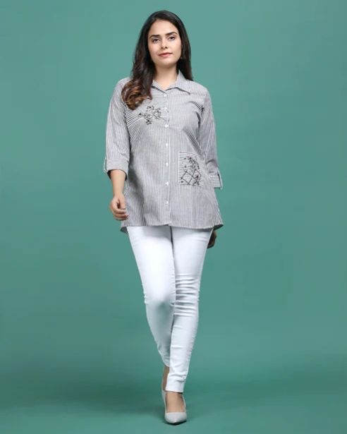 Women Grey Embroidered Shirt