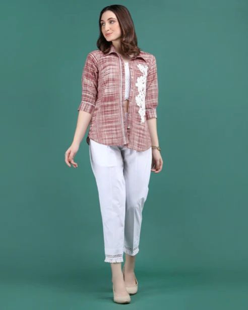 Women Red Cotton Shirt with Crochet Flower