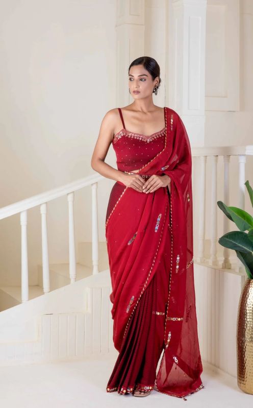 Women Red Saree pre-draped Embroidery