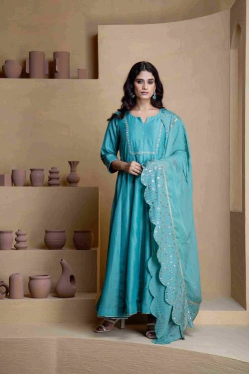 Women Stunning Blue Anarkali Three Piece Set