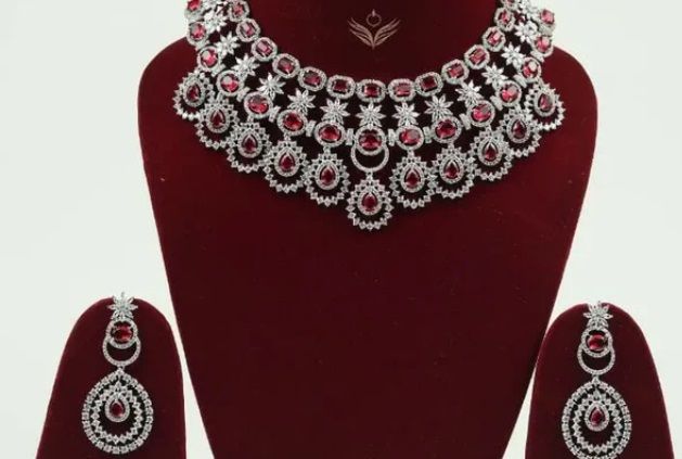Women 4 Layer American Diamond Red Rubies Necklace Set