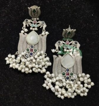 Women German Silver Pearl and Stone Earrings