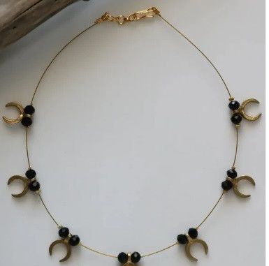 Women Invisible Necklace Black and Gold Crescent Charms