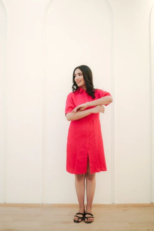 CHERRY RED PIN TUCK SHIRT DRESS