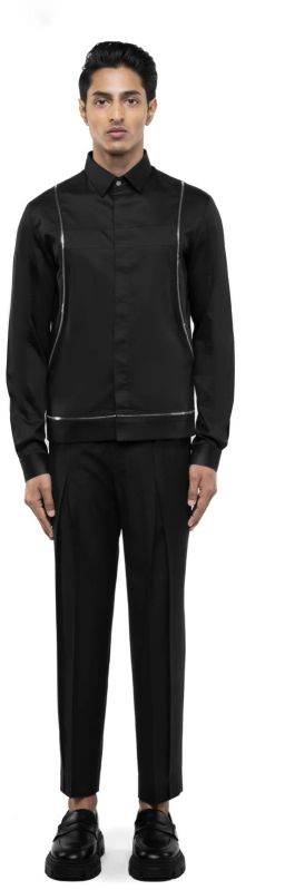 Men Black Cotton Shirt With Chest &AMP;AMP; Waist Zip Accents