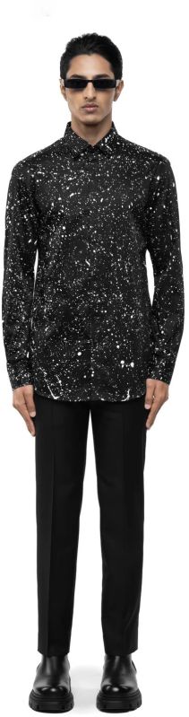 Men Black Cotton Shirt With White Paint Splatter