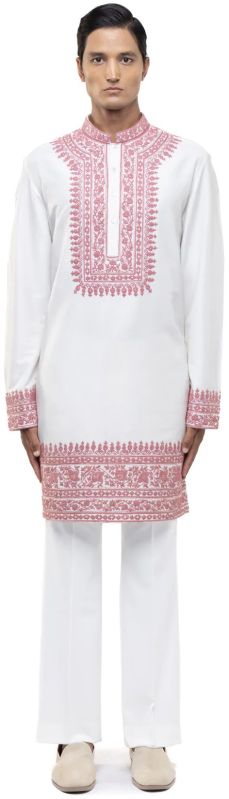 Men White &AMP;AMP; Pink Silk Dori Embroidery Kurta Set