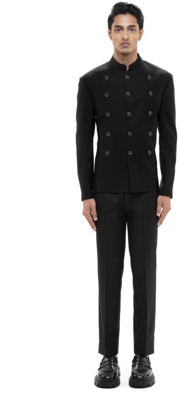 Mens Black Worsted Wool Metal Button Bandhgala Set