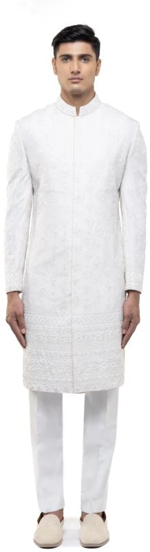 Mens Ivory Silk Mughal Floral Embroidery Sherwani Set