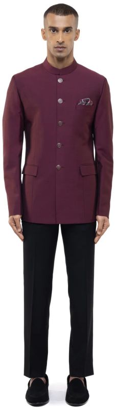 Mens Maroon Worsted Wool Classic Bandhgala Set