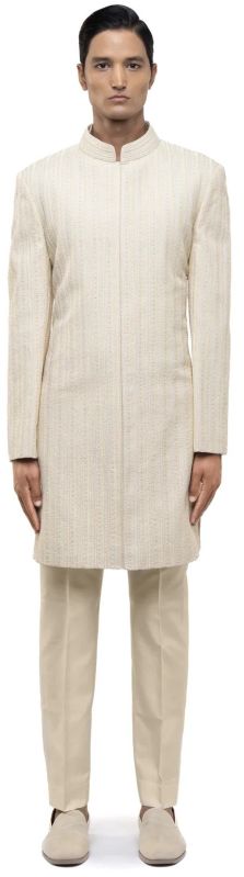 Mens Off White Silk Stitchline Embroidered Sherwani Set