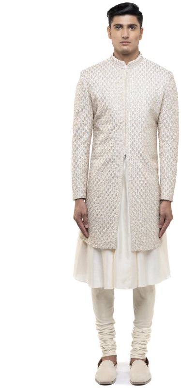 Mens off White Silk Stitch Line Embroidered Sherwani Kurta Set