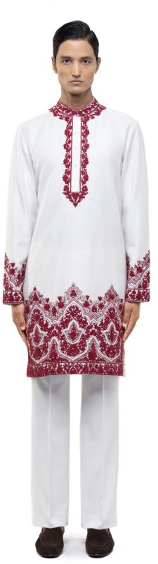 Mens White &AMP;AMP; Red Silk Dori Embroidery Kurta Set