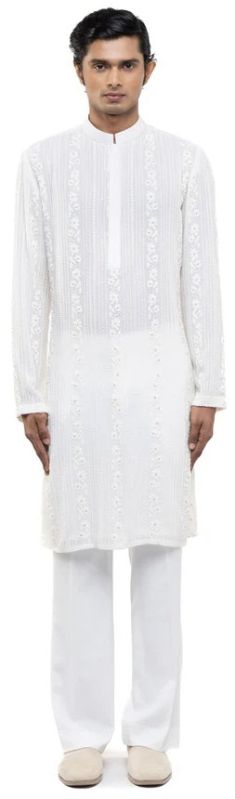 Mens White Georgette Lucknowi Embroidery Kurta Set