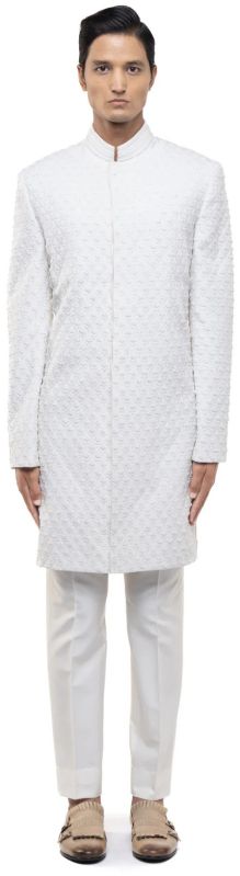 Mens White Silk Beaded Embroidery Sherwani Set