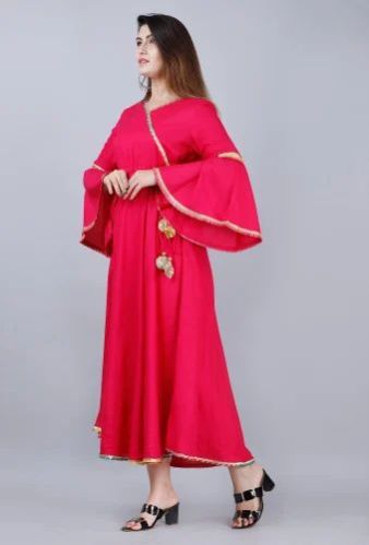Plain Ladies Pink Long Frock Cotton Kurti Festival Wear