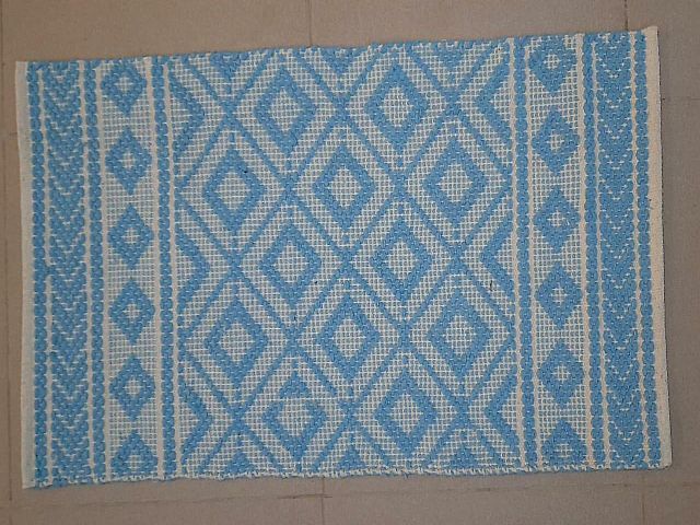 Rectangular White and Sky Blue Cotton Door Mat