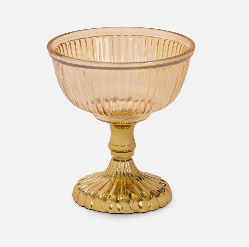 Elegant Gold Ribbed Glass Pedestal Bowl Decorative Serving Cup