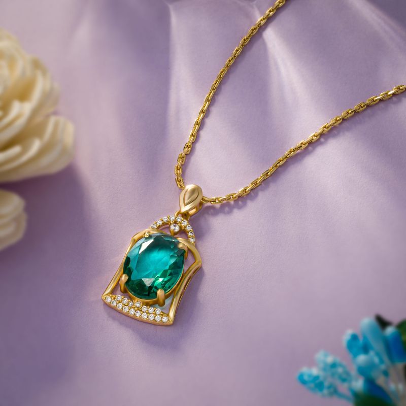 Ladies Designer Emerald Lantern Gold Plated Pendant With Chain
