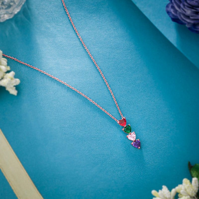 Ladies Rose Gold Plated Four Heart Gemstone Pendant With Chain