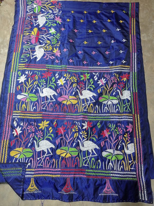 Ladies Handcrafted Kantha Work Semi Silk Saree