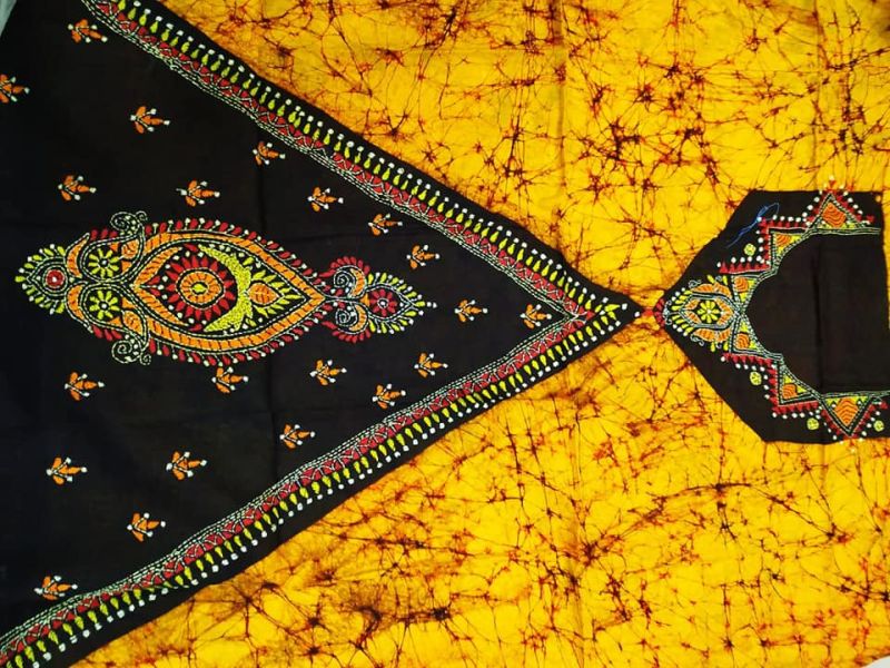 Ladies Kantha Work Tussar Silk Unstitched Suit