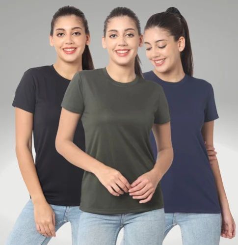 Round Neck Printed Ladies Plain Polyester T Shirt, Color : Multicolor