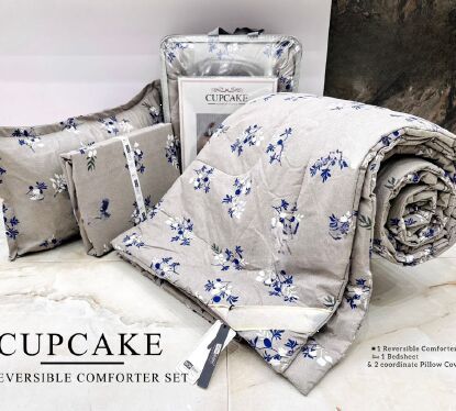 Printed Cupcake Polycotton Reversible Comforter Set Queen