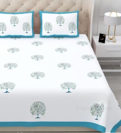 Hand Block Printed Cotton Bedsheet Set, Color : White ( Base )