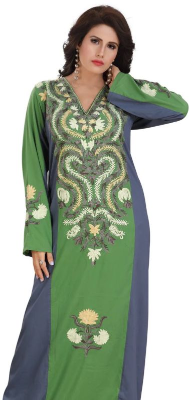 Women Chic Green and Dark Grey Embroidered Cotton Kaftan Gown