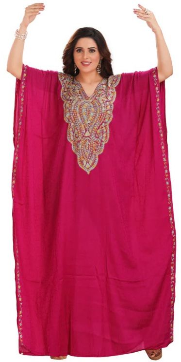 Women Cotton Silk Elegant Pink Jacquard Farasha Long Kaftan