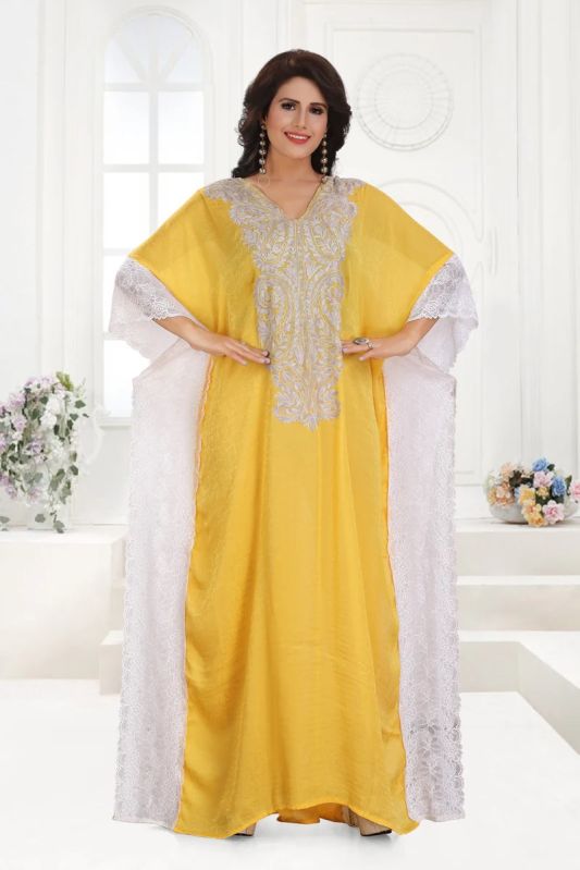 Women Cotton Silk Elegant Yellow Farasha Kaftan