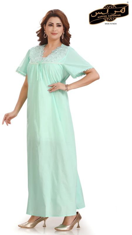 Women Embroidered Sea Green Cotton Nightgown
