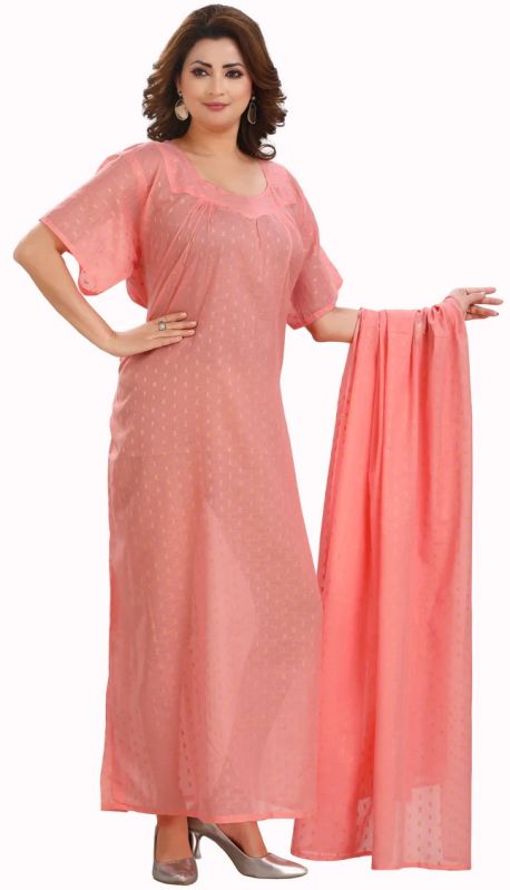 Women Peach Cotton Half Sleeve Maxi Dress