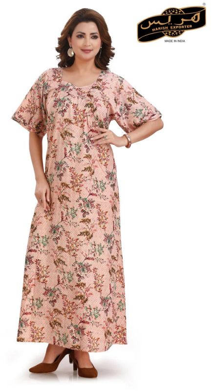 Women Peach Cotton Half Sleeve Nightgown
