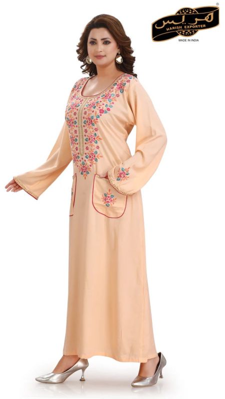 Women Peach Rayon Embroidered Nightgown