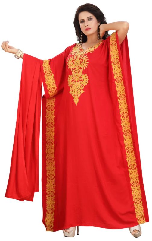Women Red Embroidered Farasha Rayon Kaftan