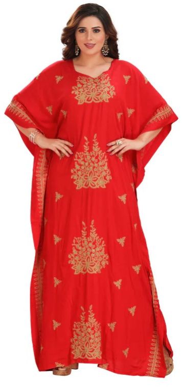Women Red Embroidered Rayon Farasha Kaftan