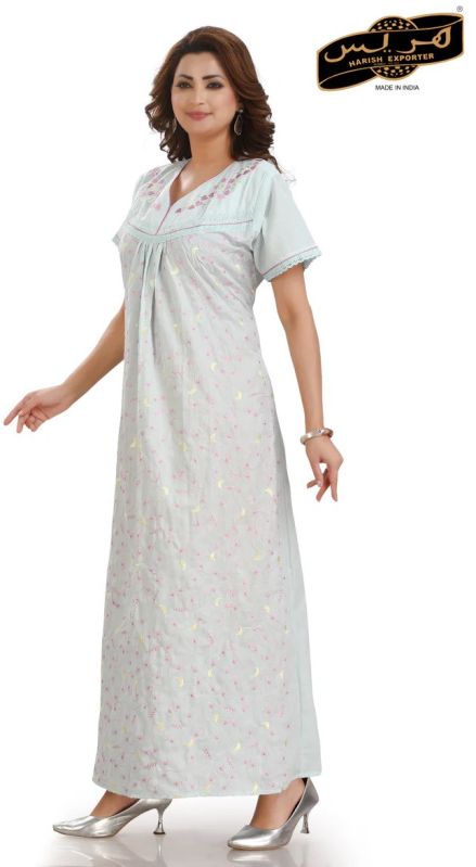 Women Sea Green Cotton Half Sleeve Nightgown