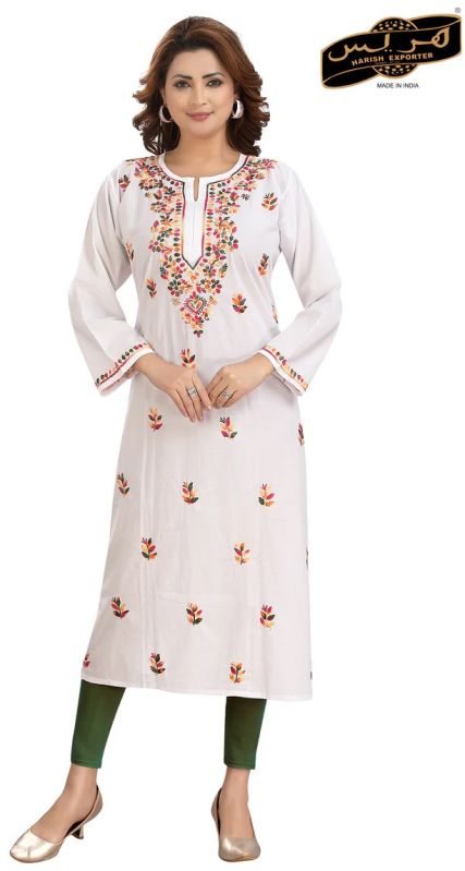 Women White Long Rayon Lucknowi Embroidered Kurti