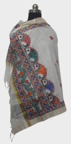 Hand Painted Madhubani Dupatta with Jumping Fish Design