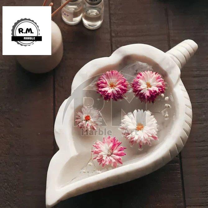 10 Inch White Marble Shell Bowl, Design Carving