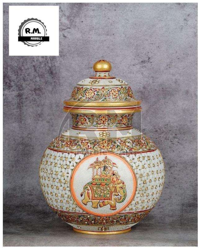 White Marble Gold Painted Matki with Antique Painting