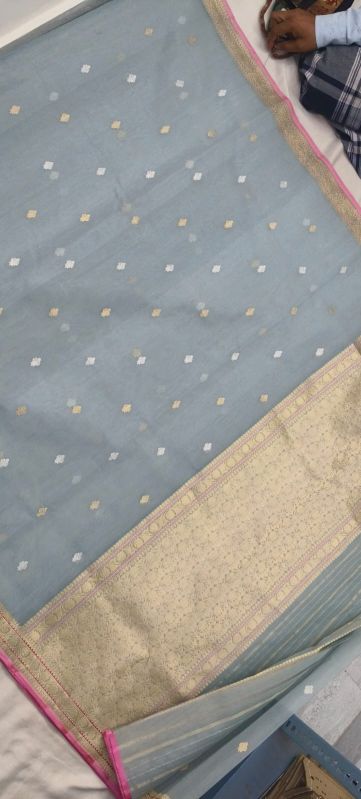 Grey Golden Zari Border Organza Silk Saree