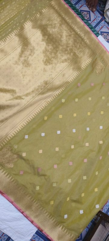 Multicolor Beads Olive Green Golden Zari Border Organza Silk Saree