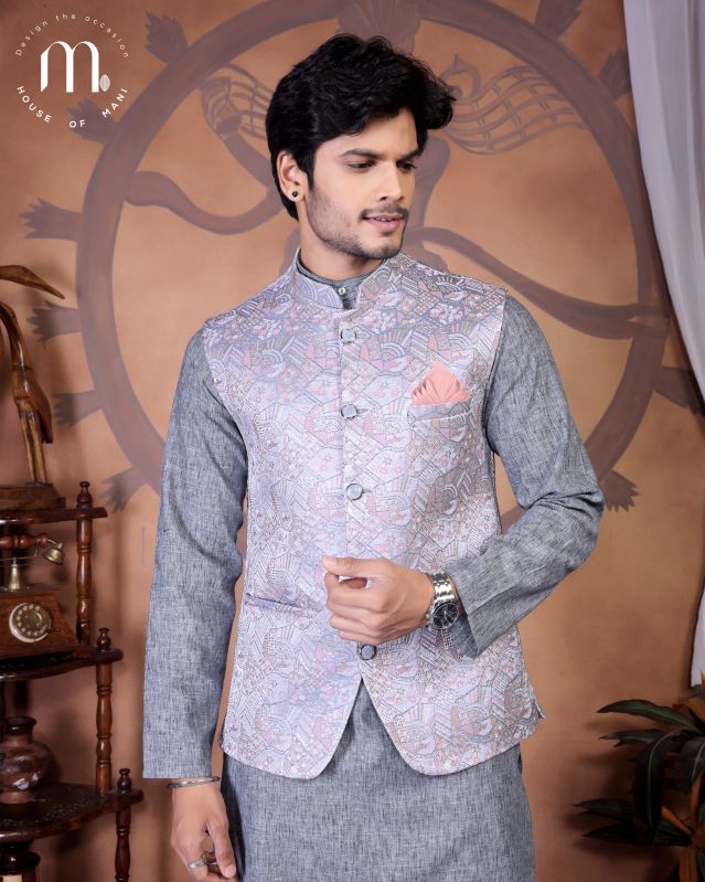 Men\'s Ethnic Wear Elegant Light Grey Brocade Modi Coat