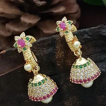 Elite Women AD White And Ruby Green Stone Gold Plated Stud Earrings