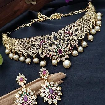 Elite Women Antique Matte Finish Uncut AD Red White Stones Choker Set