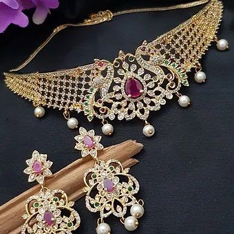 Elite Women Cz Stones Peacock Gold Plated Choker Set